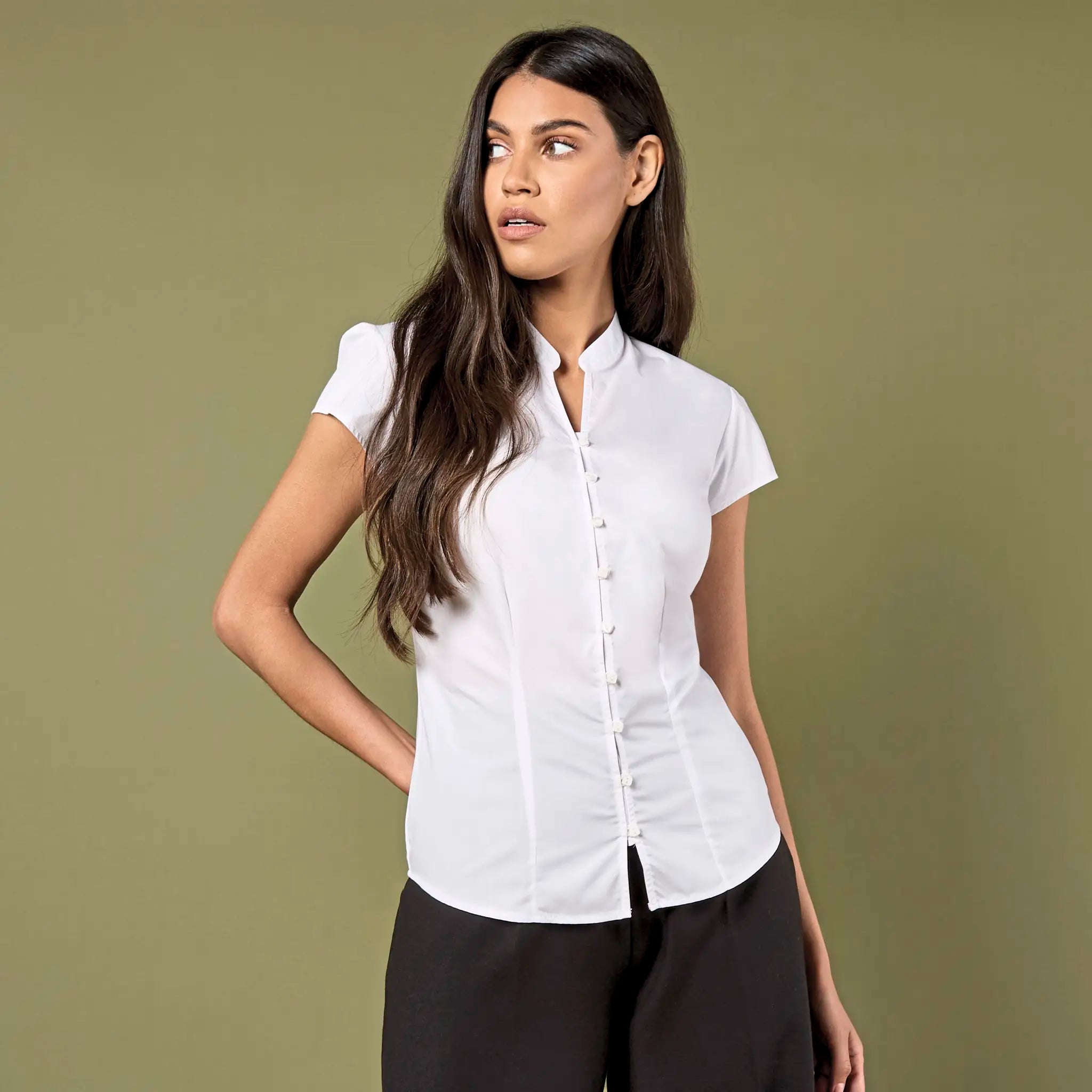 all-groups Women's Tailored Fit Mandarin Collar Poplin Blouse Cap Sleeve