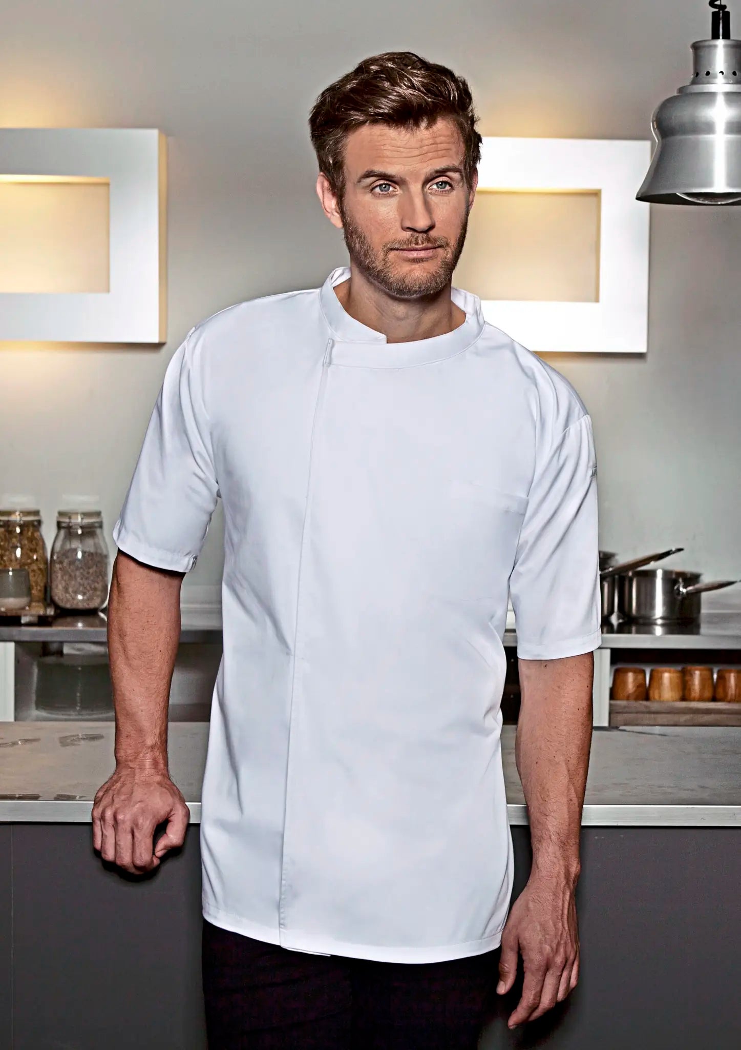 all-groups Men's Short Sleeve Throw Over Chef Shirt Basic