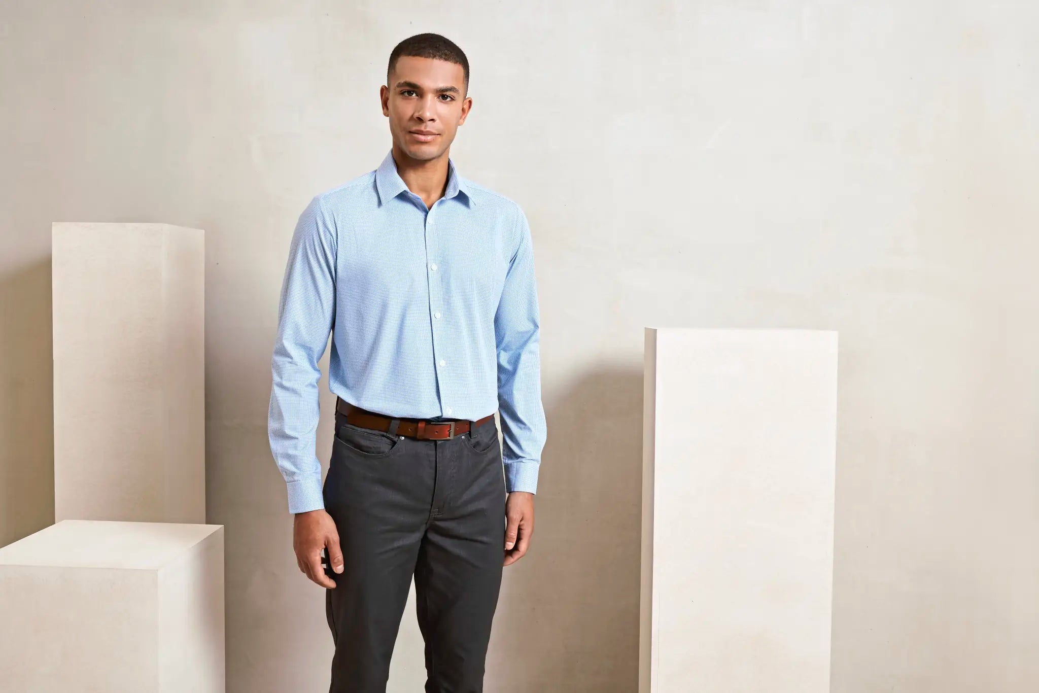 all-groups Men's Microcheck Gingham Long Sleeve Cotton Shirt