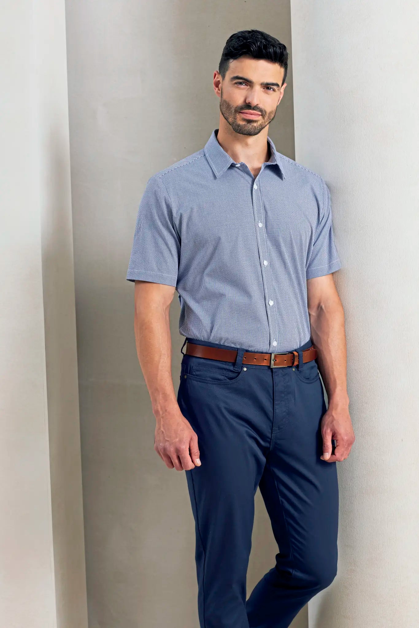 all-groups Men's Microcheck Gingham Short Sleeve Cotton Shirt