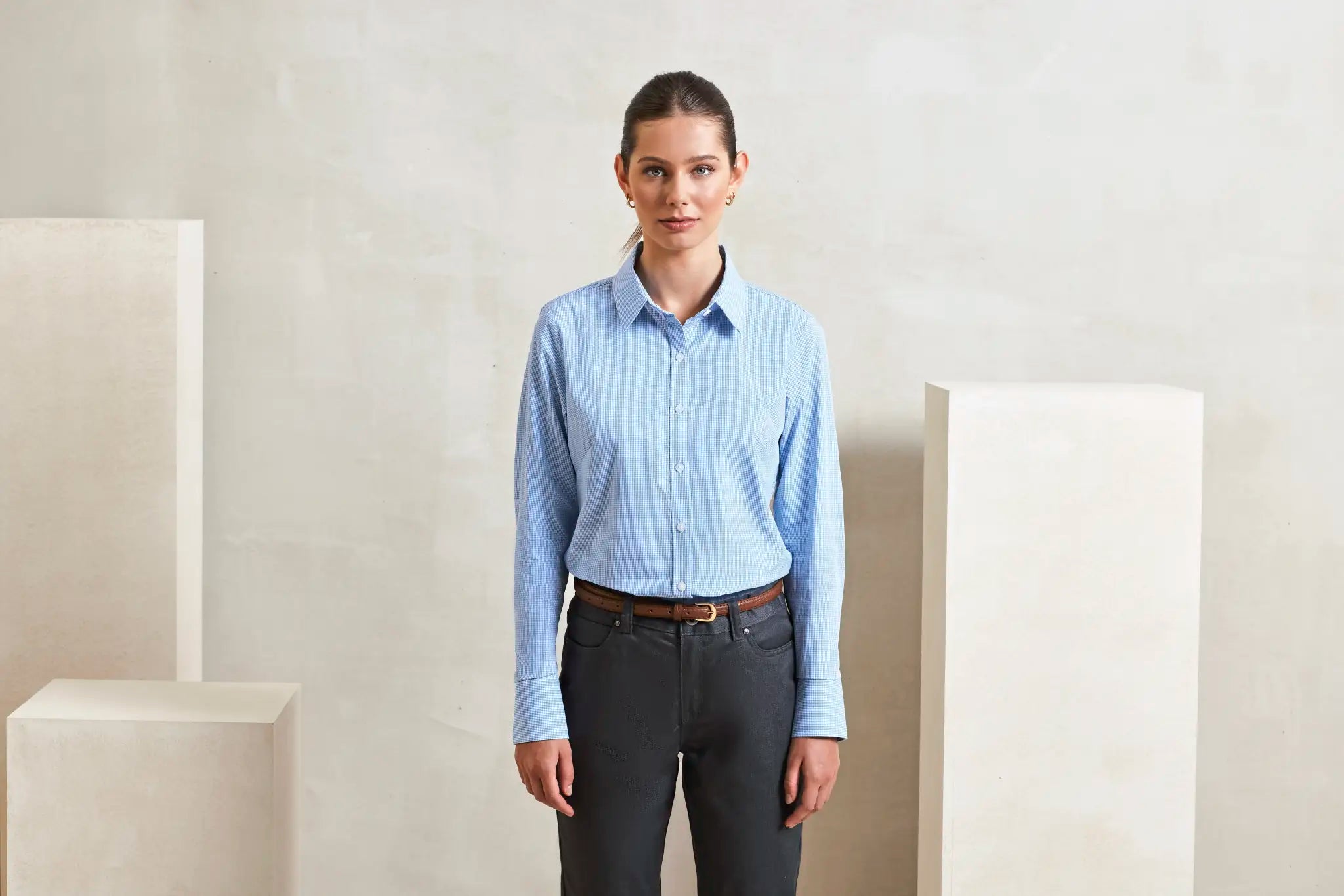 all-groups Women's Microcheck Gingham Long Sleeve Cotton Shirt